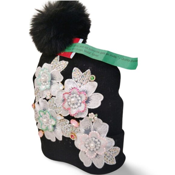 Luxe Black Knit Floral Embroidered Pink Crystal Beanie & Glove Set TT1524 - Picture 5 of 6